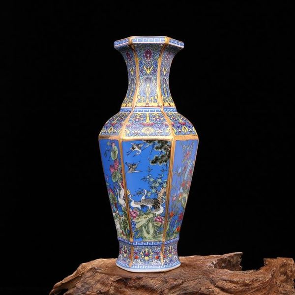 

vases yong zheng in the qing dynasty blue enamel flower and bird vase hexagonal antique porcelain