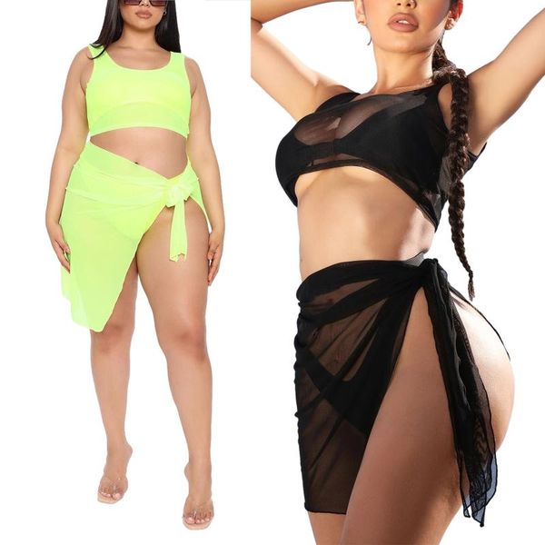 

women's swimwear women solid color sleeveless u-shaped collar crop and skirt two-piece clothes set black fluorescent green for sum, White;black
