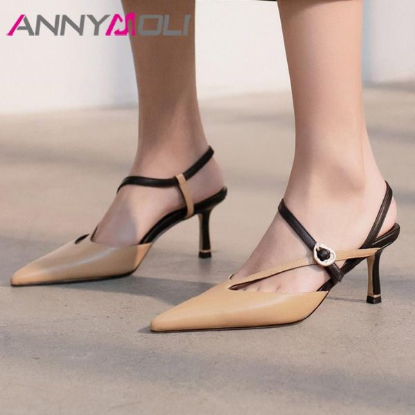 

sandals annymoli cow leather women high heel real shoes buckle pointed toe fashion thin heels party footwear 40 41, Black