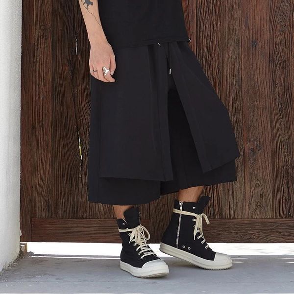 

men's pants fashion fake two piece wide leg dark original design straight loose casual japanese skirt, Black