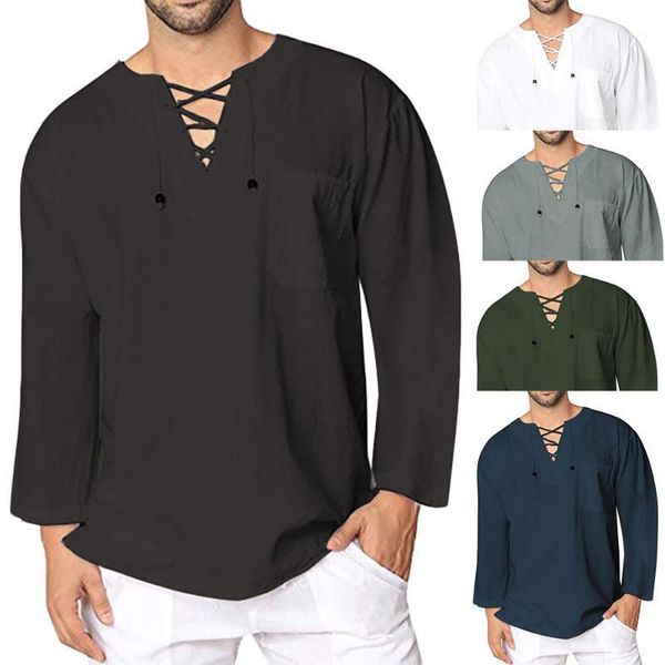 

mens long sleeve t shirt linen cotton casual lace up tee fashion v-neck loose fit hippie shirts summer yoga outfit