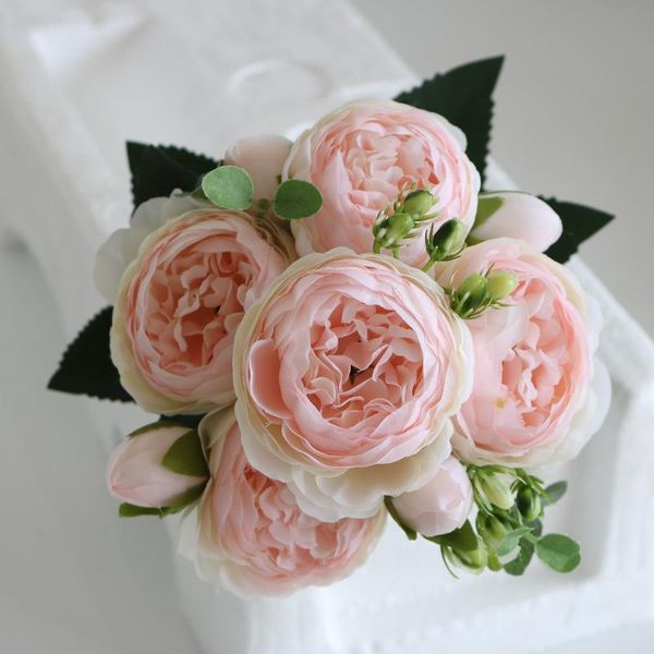 

decorative flowers & wreaths 30cm rose pink silk peony artificial bouquet 5 big head and bud fake for home wedding decoration indoor