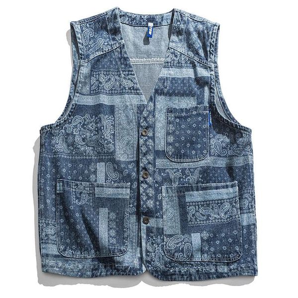 

men's vests spring summer bandanna print vest single breasted sleeveless jacket casual loose men denim coat spliced waistcoat 50-90kg, Black;white