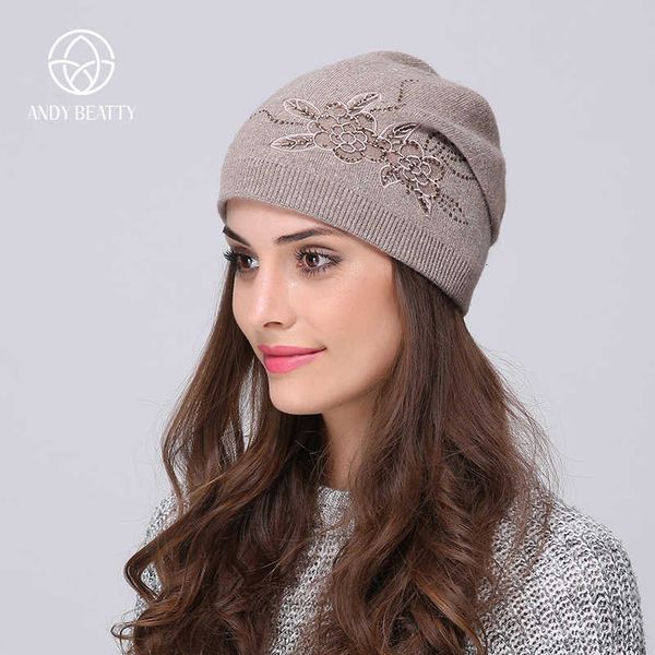 

andybeatty women's winter hats knitted wool skullies casual cap with flower pattern gorros thick warm bonnet beanie hat for girl, Blue;gray