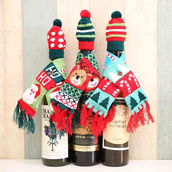 3 pcs de malha vermelha garrafa de vinho decoração novidade cachecol urso tassel santa claus chapéu para casa decorações de natal
