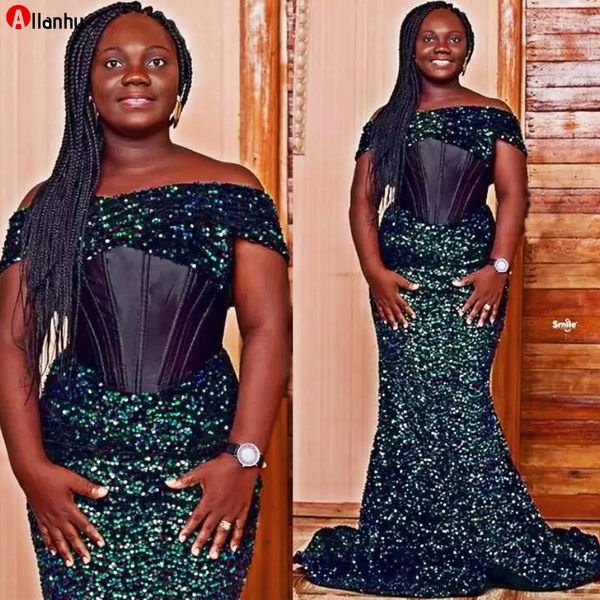 2022 Plus Size Arabisch Aso Ebi Meerjungfrau Pailletten Sexy Ballkleider Trägerlos Abend Formale Party Zweiter Empfang Brautjungfernkleider Kleid WJY591