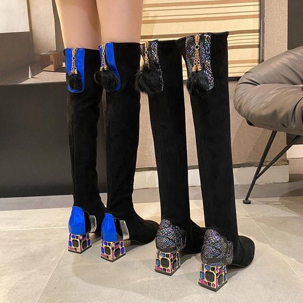 

boots tassels high heel women rhinestone thin leg elastic sock shoes 2021 winter stretch fabric warm plush over the knee, Black
