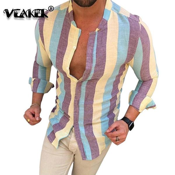 

men's casual shirts linen stripe men baggy cotton shirt 2021 male collarless flax slim fit plus size camisa rainbow, White;black