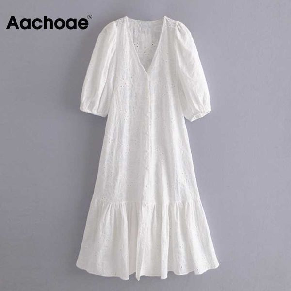 

aachoae chic floral embroidery midi dress women v neck puff sleeve sweet dresses ladies elegant a line white cotton dress 210608, Black;gray
