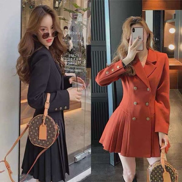 

black suit women's 2021 spring dress new large size fat mm temperament slim waist long sleeve pleated skirt, Black;gray