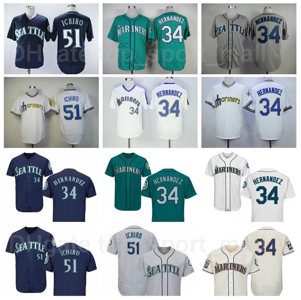 

men retror 1984 1995 vintage baseball 51 suzuki ichiro jersey 34 felix hernandez flexbase cool base stitched green white grey beige blue, Blue;black