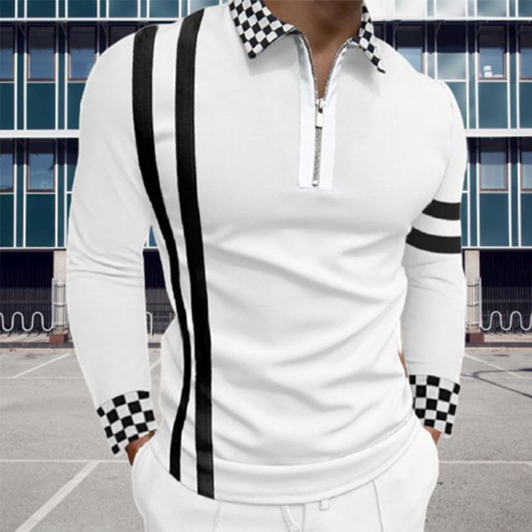 

men's striped long sve t-shirt, lapel zipper shirt, retro casual polo shirt, White;black