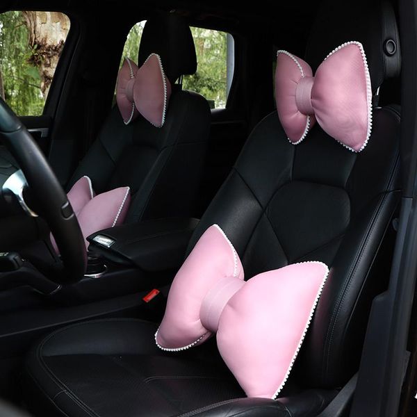 

seat cushions 2pcs comfortable cute bowknot shape car neck pillow lumbar support cushion headrest for women girl ice silk accessories