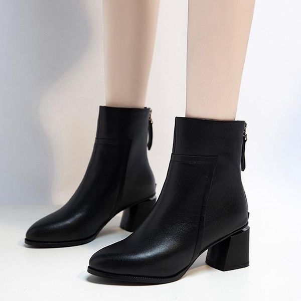 

boots women block heels ankle office elegant ladies shoes zip pu leather female footwear autumn winter short botas 2021 fashion, Black