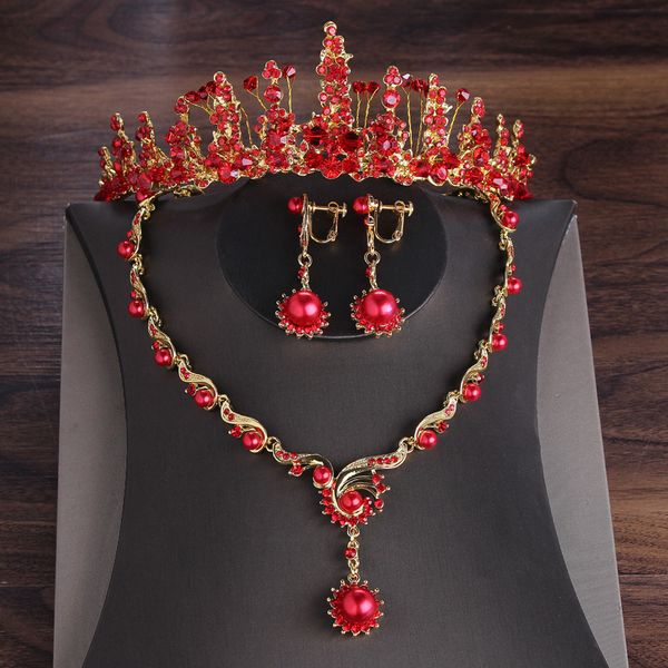 

jewelry set bridal headdress crown korean wedding three piece set red necklace dress jewelry accessories hair a0909, Slivery;golden