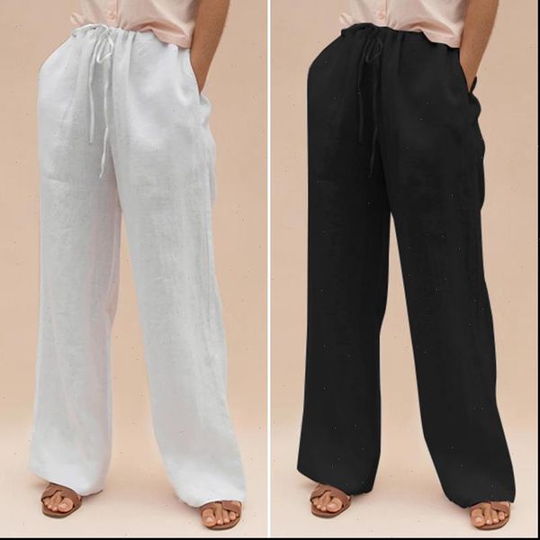 

5xl women casual loose wide leg pants 2021 fashion trouser solid long palazzo pockets drawstring vintage pantalon femme 7, Black;white