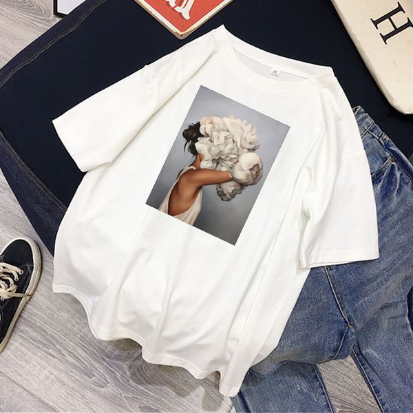 

2021 new fashion t shirt women flowers feather printed casual harajuku tshirt o-neck 100% cotton aesthetics tees camiseta muj u9w1, White