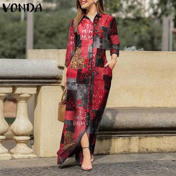 

casual dresses women pleated shirt dress floral printed party long maxi 2021 vonda lapel collar button up vestido s-5xl robe, Black;gray