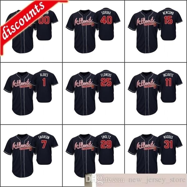 

2020 baseball men #7 dansby swanson 40 mike soroka 1 ozzie albies 25 flowers custom women youth cool base official alternate jerseys, Blue;black