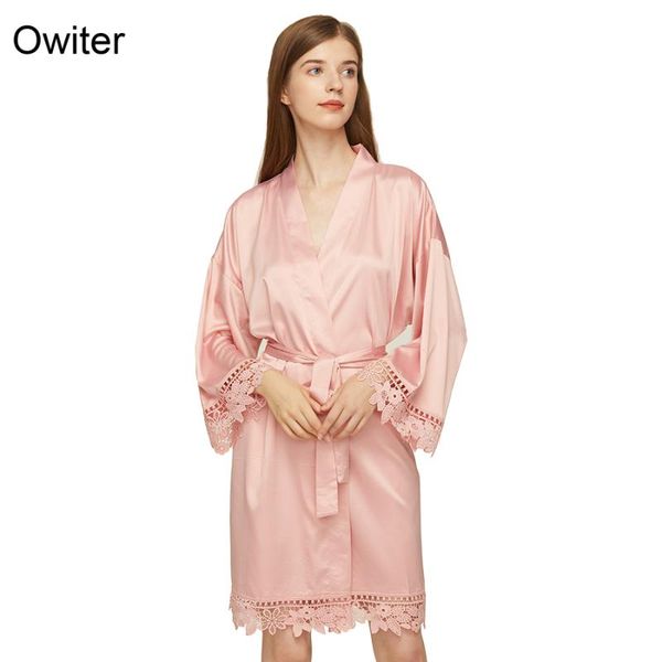 

women's sleepwear owiter women masatin lace robe bride bridesmaid robes bridal wedding bathrobe dressing rose, Black;red