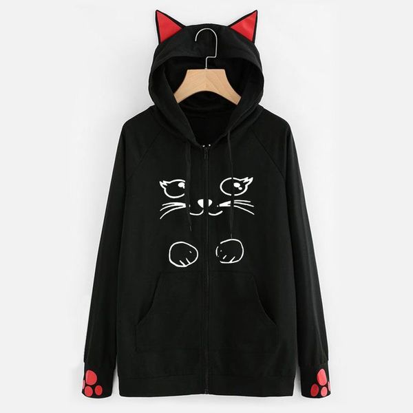 

women's hoodies & sweatshirts cat sweatshirt women hoodie kawaii japanes pullovers loose casual footpaw long sleeve pocket blouse suda, Black
