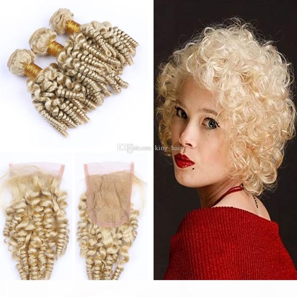 

bleach blonde 613 colored aunty funmi curly 3bundles with lace closure 4x4 9a bouncy kinky curly virgin hair extension with lace closure, Black