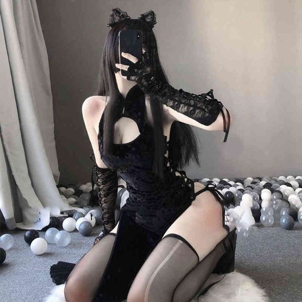

retro cheongsam nightgowns woman high open fork cosplay costume erotic anime lingerie dress lace outfit nightdress, Black;white