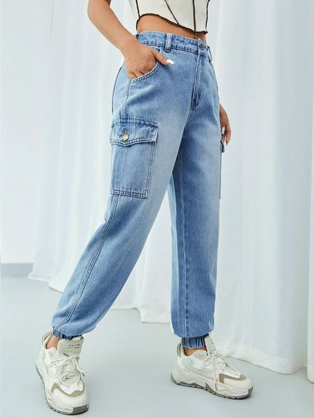 

flap pocket patched jeans t2wy#, Blue