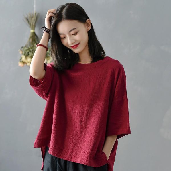 

women vintage cotton linen t-shirts solid color irregular 2021 new summer short sleeve irregular women t-shirts mh178, White