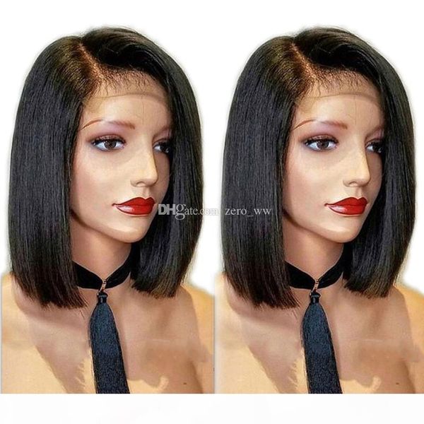 

side part straight human hair wigs with baby hair 130% density remy brazilian lace front wigs glueless short bob wigs, Black;brown