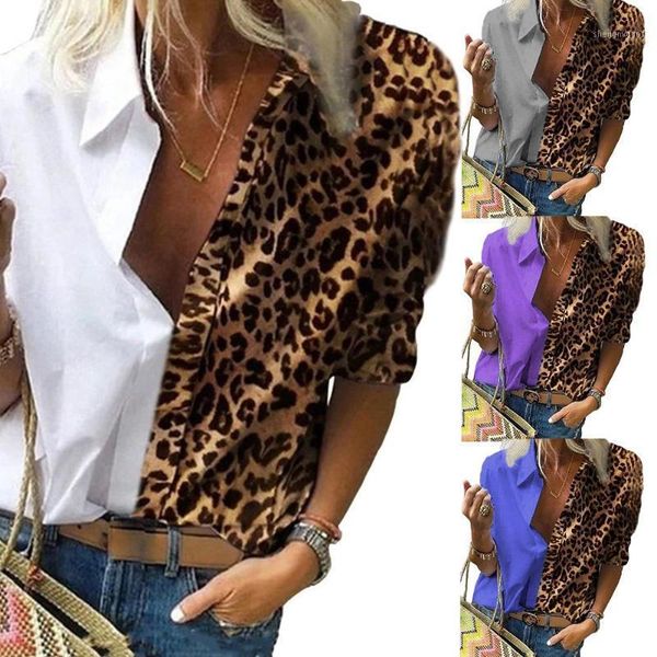 

women blouse office lady long sleeve leopard patchwork color block shirt chiffon work shirts blusas feminina women's blouses &, White