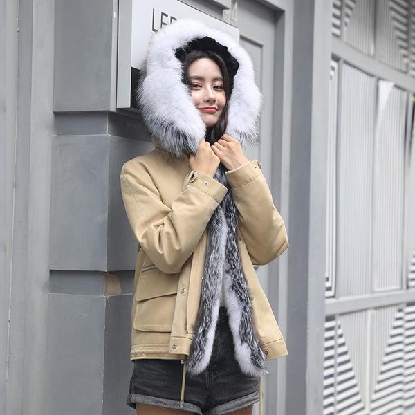 

women's fur & faux natural liner parka winter jacket women large real collar trench coat female warm paraks my, Black
