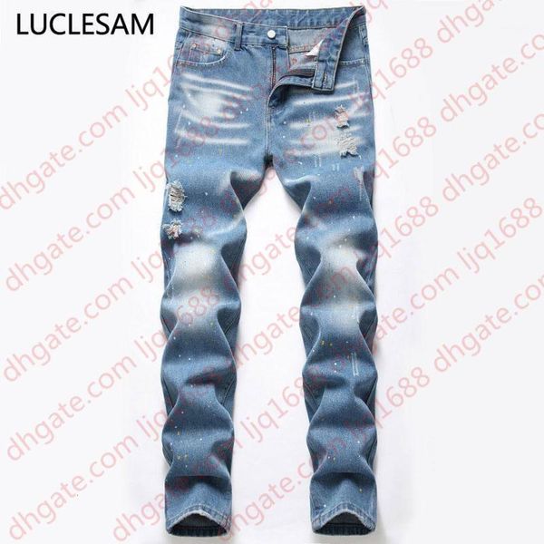 

designer men jeans 2020 splash ink mens ripped straight denim pants casual slim fit men's biker denim trouses los hombres jeans1, Blue