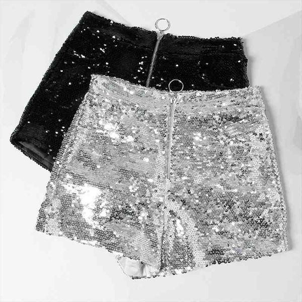 

bling women sequin shorts high waist o-ring zip bodycon shorts feminino skinny party club festival raves pole dance, White;black