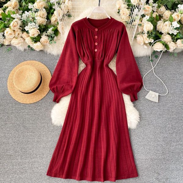 

casual dresses autumn winter feminine puffy sleeve retro single breasted knitted sweater dress, Black;gray