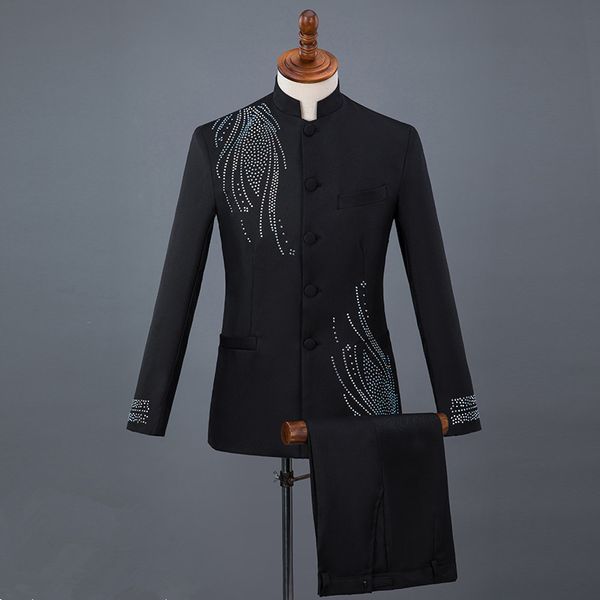 

chinese style formal mens suits costume male singer chorus wedding groom dress host performance stage outfits blue suit, Black;red