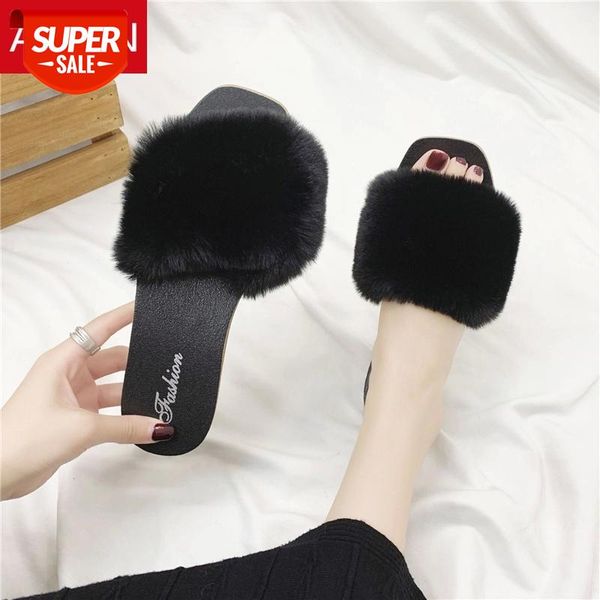 

asifn women's fur slippers flip flops fur slides anti-skid students female fashion shoes seaside flat bottom zapatos de mujer #m77e, Black