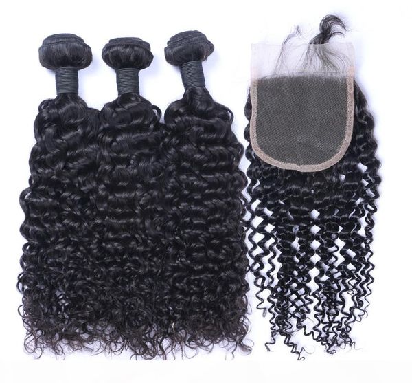 

brazilian jerry curly hair 3 bundles with closure middle 3 part double weft human hair extensions dyeable human hair weave, Black