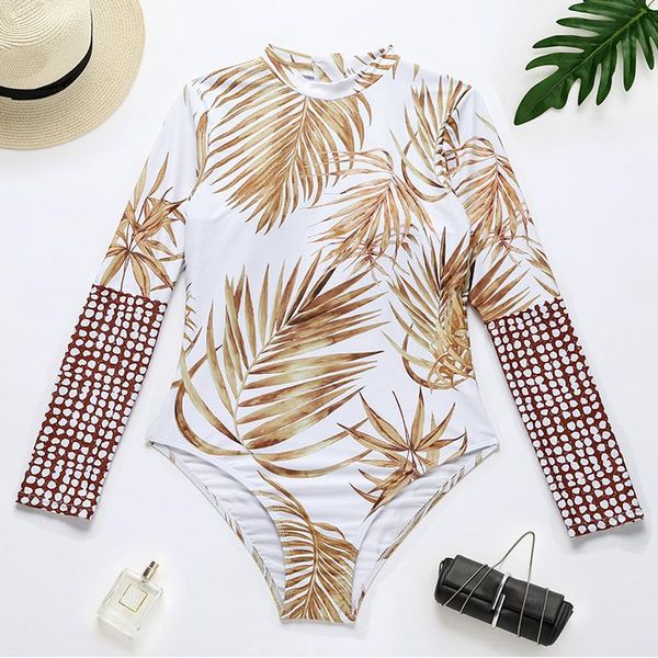

2021 new long sleeve one-piece swimsuit parchwork print surfing suit zipper monokini swimming suit for women bodysuits