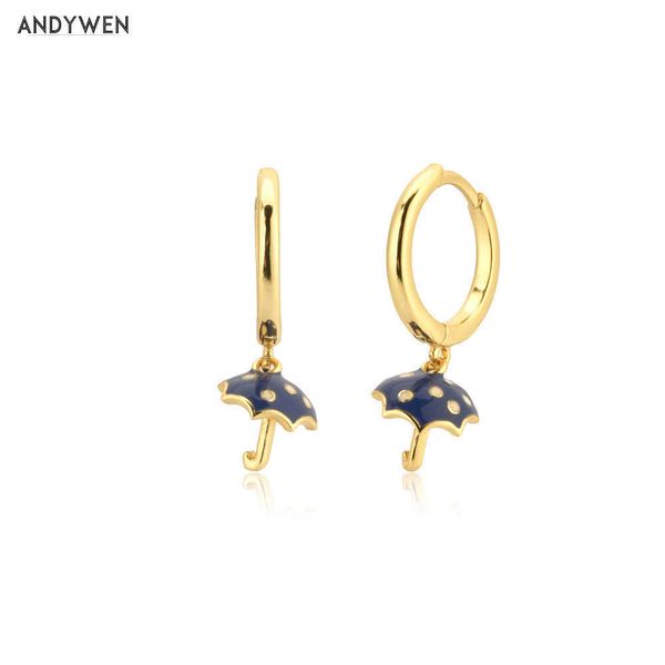 ANDYWEN 925 Sterling Silver Gold Ombrello Smalto blu Orecchino a goccia Clip per piercing Regalo di nozze Piccolo piccolo cerchio di gioielli Moda 210608