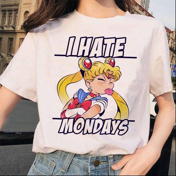 

sailor moon t shirt harajuku women clothes aesthetic short sleeve fun ulzzang t shirt cute cat tshirt cartoon tees, White