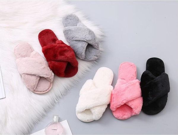 

slippers winter women house warm faux fur fashion shoes woman slip on flats ladies furry female slides indoor, Black