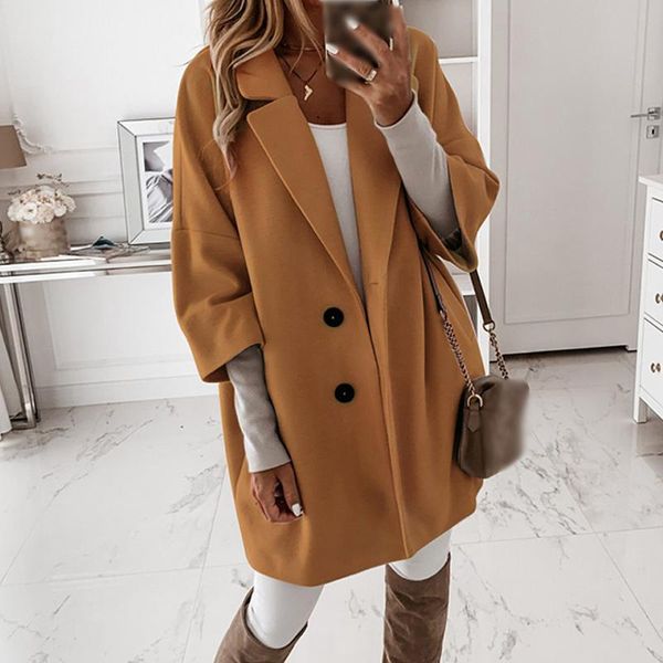 

women's wool & blends woolen long coat winter women three quarter sleeve female coats button pocket autumn clothing outerwear cc2021101, Black