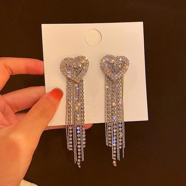 

dangle & chandelier fashion white crystal heart earrings for women tassel long bling rhinestone jewelry love wedding bridal gift, Silver