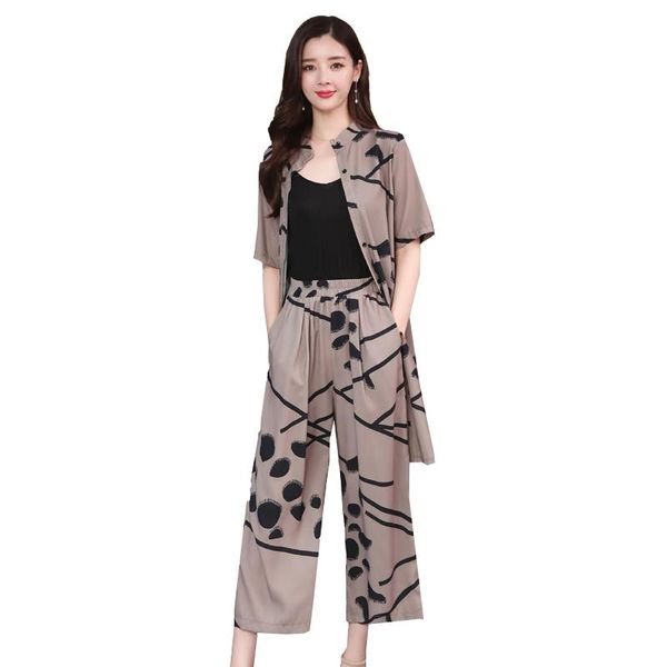 

ladies' spring color print suits women summer new chiffon long coat big yards wide-leg pants clothing set vestidos outfits, Gray