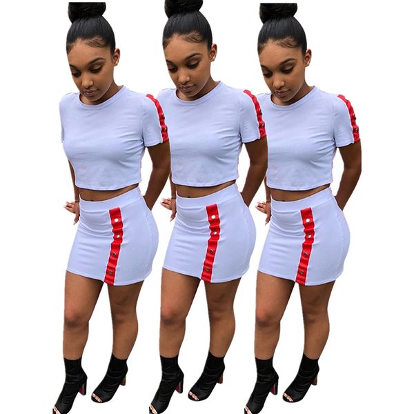 

2021 new rivet short sleeves crop tshirts patchwork skirt women two piece outfits summer european & american fashion suits 6h0z, Black;gray