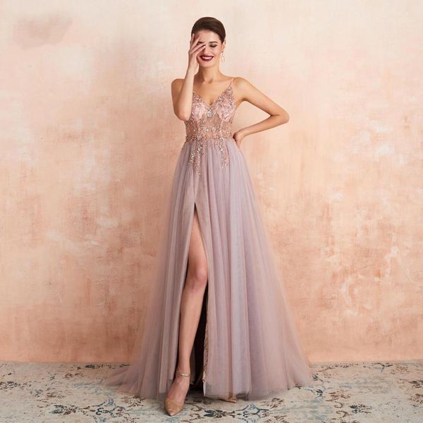 

sweet 2021 new dusky pink crystal evening es long straps spaghetti see through tulle prom party gowns slit robe de soriee khh9, Black;red