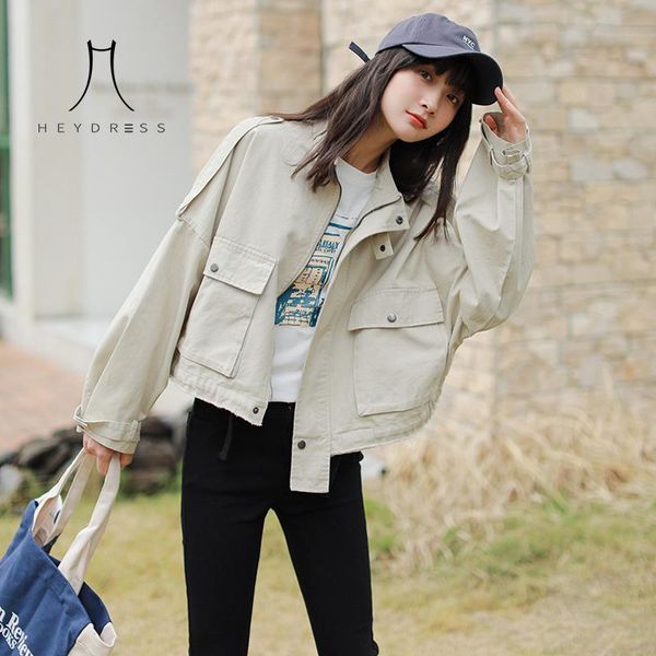 

women's jackets heydress women loose short coat 2021 autumn jacket female solid korean harajuku zipper tooling single-breasted, Black;brown
