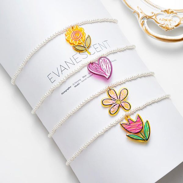 

pendant necklaces summer cute flower fruit love heart necklace colorful beads acrylic pearl rice bead girl bohemia woman jewelry, Silver