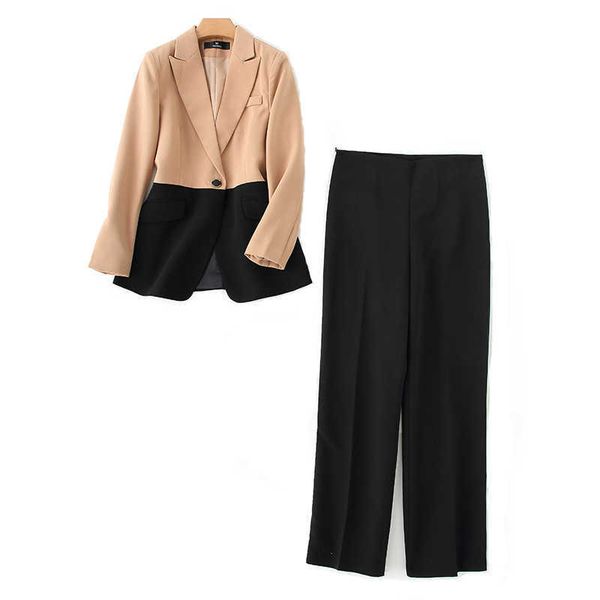 

professional women's pants suit two-piece casual color block ladies jacket elegant wide leg 210527, White